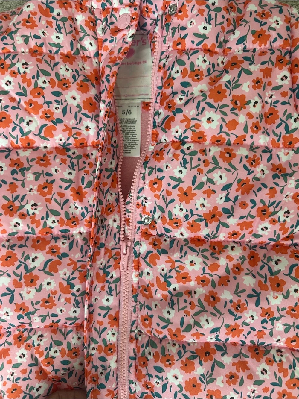 Carter's girls Pink Floral Hooded Puffer Jacket 5/6